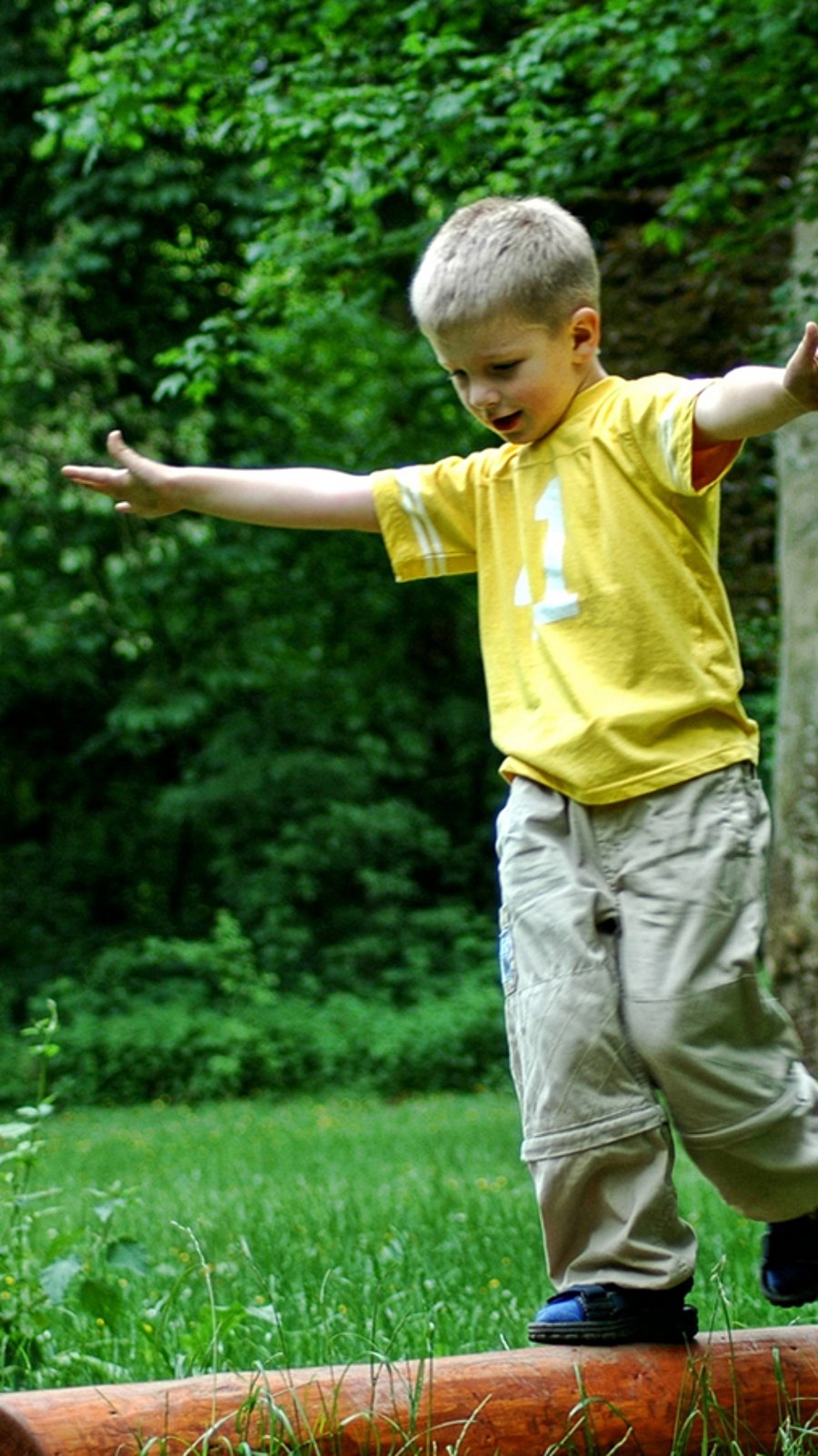 Kleiner Junge balanciert auf einem Baumstamm im Wald