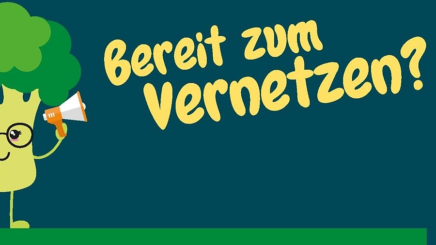 dunkelgrüne Fläche, darauf in hellgrün schriftzu: bereit zum Vernetzen