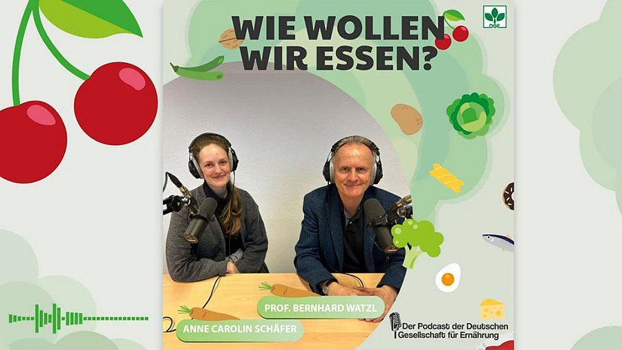 Anne Carolin Schäfer und Prof. Bernhard Watzl mit Kopfhörern, darüber Schriftzug "Wie wollen wir essen"