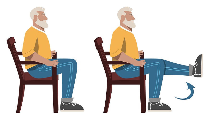 Illustrierter Senior macht Kraftübung auf einem Stuhl.