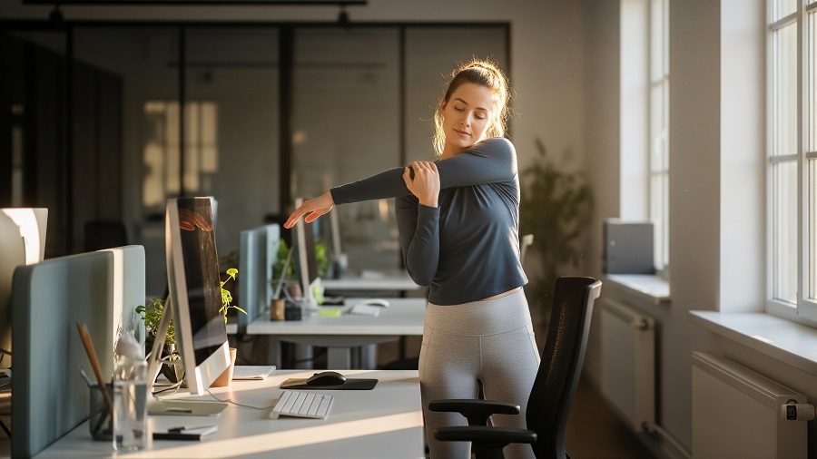 Frau steht neben ihrem Schreibtisch und dehnt sich.