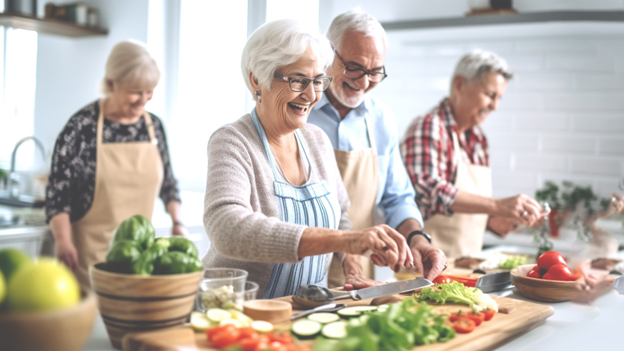 Mehrere ältere Personen kochen gemeinsam in einer Großküche (KI-generiertes Foto)