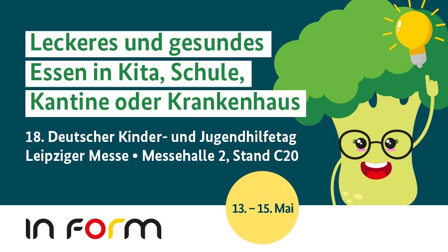 Text "Leckeres und gesundes Essen in Kita, Schule, Kantine oder Krankenhaus - 18. Deutscher Kinder- und Jugendhilfetag Leipziger Messe, Messehalle 2, Stand C20" und Maskottchen Berry Broccoli