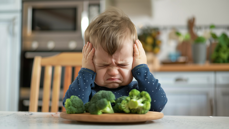 Kleiner Junge vor einem Teller Broccoli