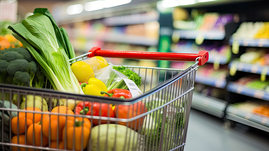 Einkaufswagen im Supermarks vor einem Regal (KI-generiert)