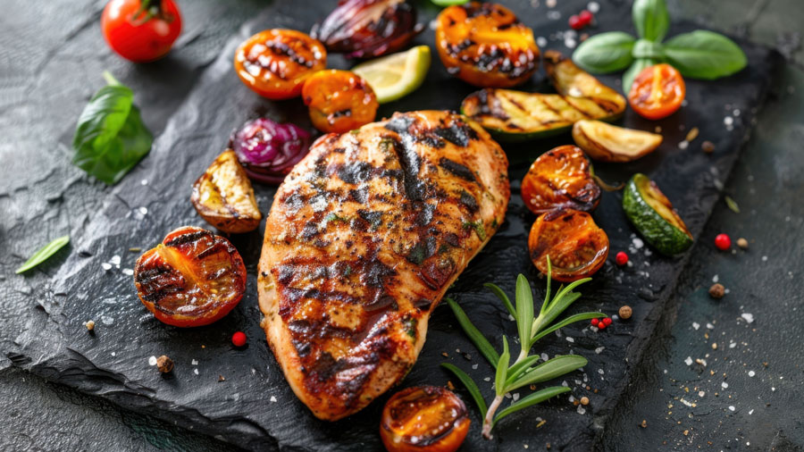 1 Stück Hähnchenbrust aus dem Ofen mit mediteranen Gemüse.