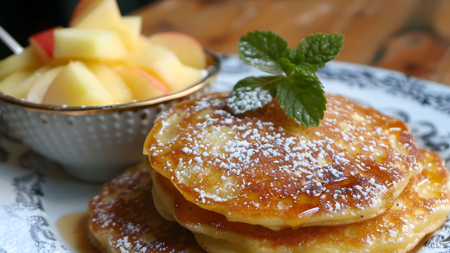 Fertige Pancakes mit frischem und selbstemachten Apfelmus.