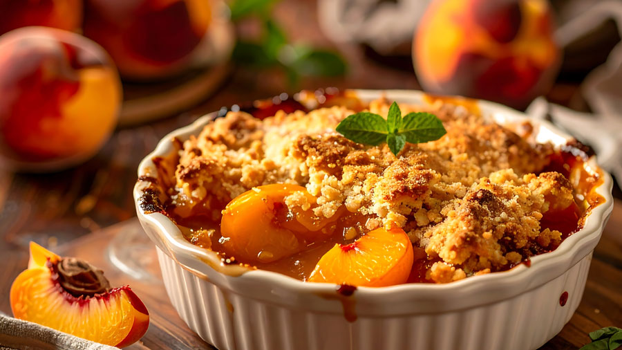 Pfirsich-Crumble in einer Auflaufform serviert.