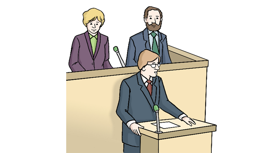 Gezeichnetes Bild, drei personen, einer am Rednerpult