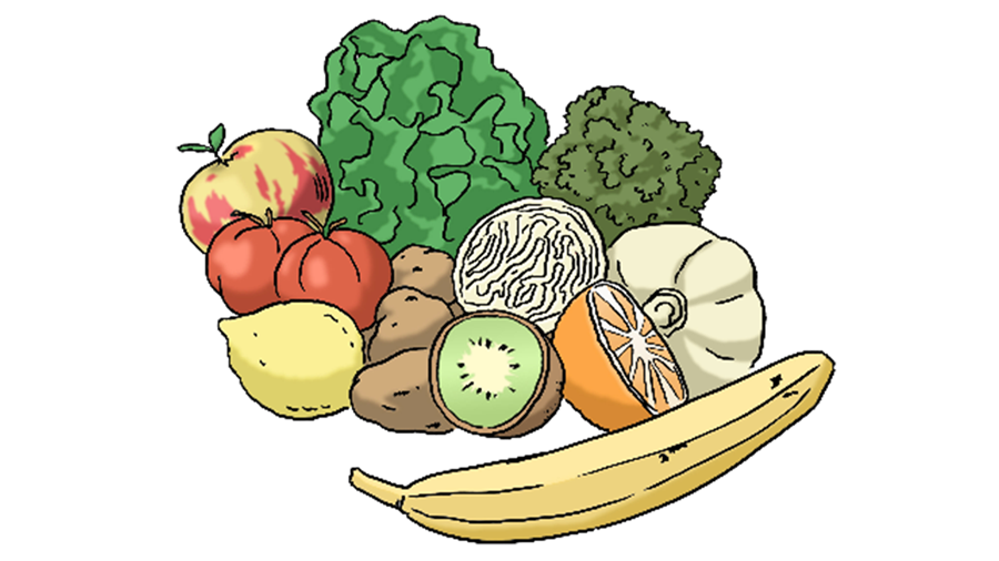 Gezeichnetes Bild mit Obst und Gemüse