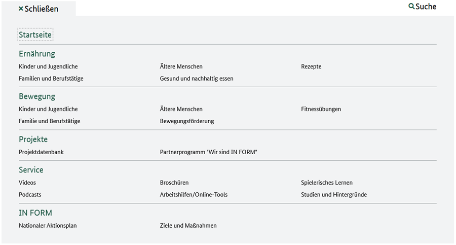 Screenshot des Menüs dieser Website