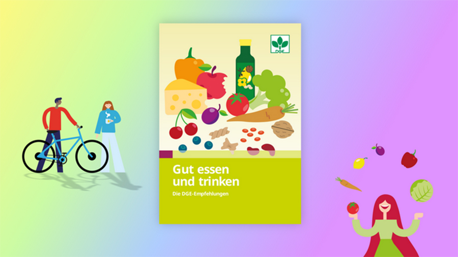 Cover des Buchs, daneben stilisierte Personen (Mann mit Fahrrad, Frau, die mit verschiedenen Obstarten jongliert)