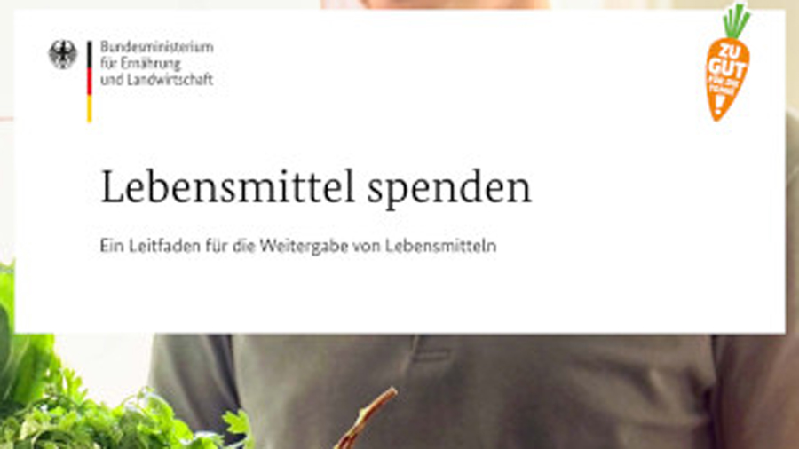 Titel der Broschüre, darunter Arme und Oberkörper einer Person, die einen Karton mit Lebensmitteln übergibt 