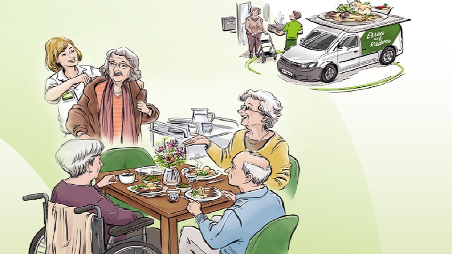 Eine gezeichnete Darstellung von Senioren und Seniorinnen, die zu viert an einem Tisch essen.