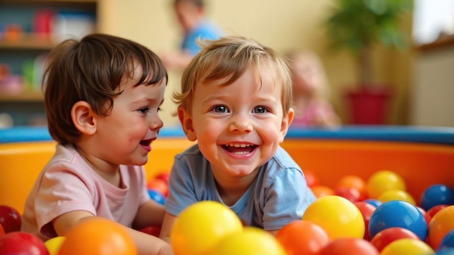 Zwei Kleinkinder in einem Bällebad (KI-generiert)