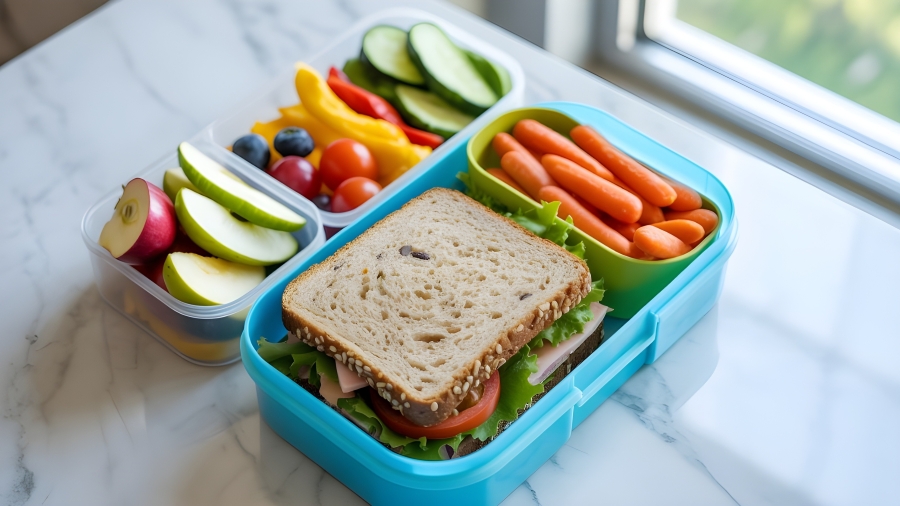 Zwei Brotdosen, eine mit Rohkost, eine mit belegtem Brot und Möhren
