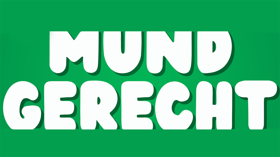 Schriftzug Mund-Gerecht in zwei Zeilen (weiss auf grünem Grund)