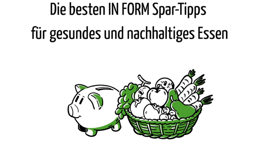 Schriftzug "Die besten IN FORM Spar-Tipps für gesundes und nachhaltiges Essen", darunter gezeichnetes Sparschwei und Korb mit Lebensmitteln