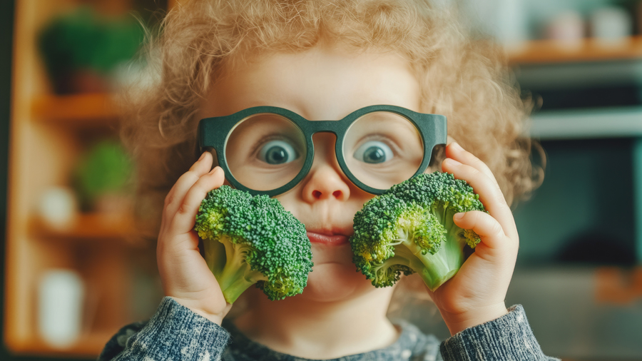 Kind mit grüner Brille hält sich Boccoli vor das Gesicht
