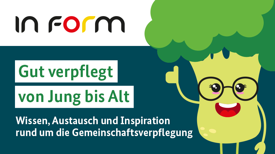 Slogan des Messestands 2026 "Gut verpflegt von Jung bis Alt" in den Messefarben. Rechts auf dem Bild ist das Maskottchen Berry der Brokkoli zu sehen.