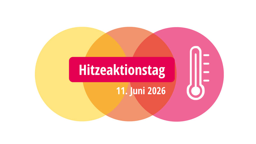 Drei Farb in gelb, orange und rot, die sich überschneiden und rechts ein Therometer, sowie der Schriftzug in weiß Hitzaktionstag 11. Juni 2026.