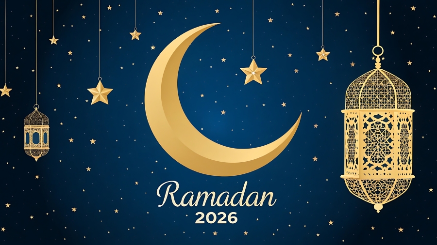 Goldener Halbmond und Laternen auf blauem Grund, dazu Schriftzug Ramadan 2026