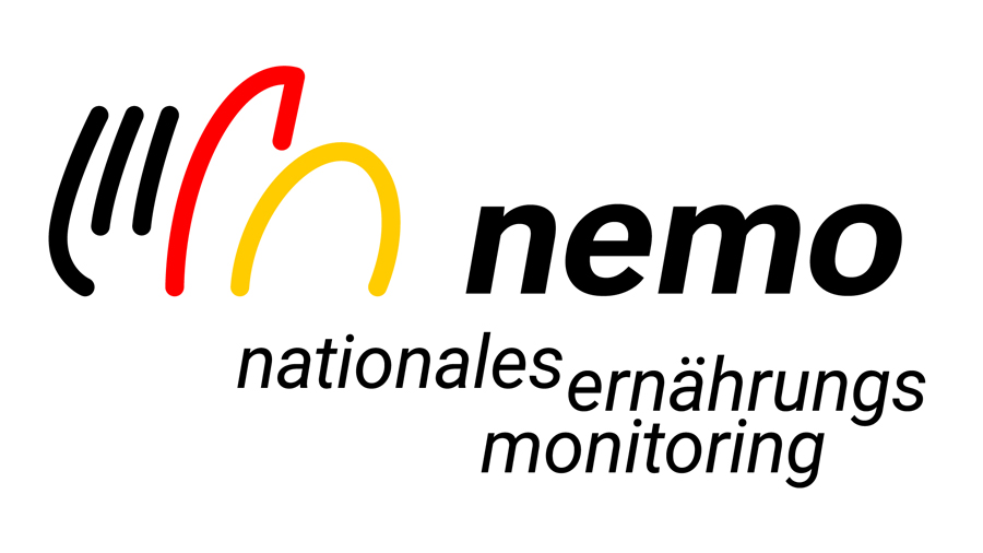 Stilisierte Gabel, Messer, Löffel in schwarz, rot, gelb, dazu Schriftzuh nemo - nationales ernährungs-monitoring