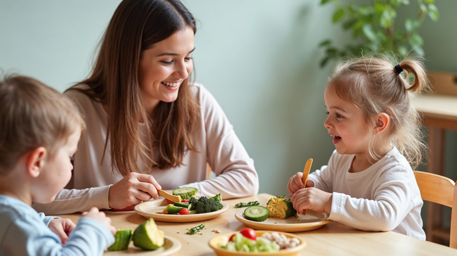 Erzieherin mit zwei kleinen Kindern, alle haben Teller mit verschiedenen Gemüsen vor sich