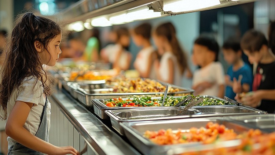 Kleines Mädchen steht vor einer Essensauswahl in einer Schulmensa.