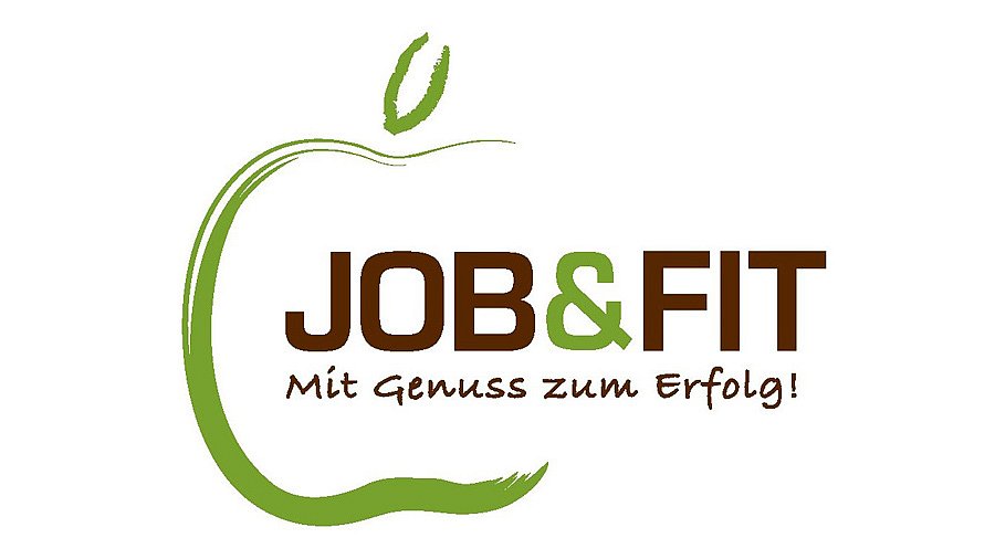 Schriftzug JOB & FIT mit Apfel in grün, als Umrisszeichnung