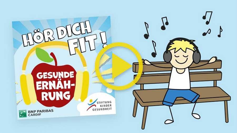 Zeichnung: Junge sitzt auf einer Bank und hört Musik über einen Kopfhörer. Daneben Schriftzug "Hör dich fit" und Logo der Stiftung Kindergesundheit