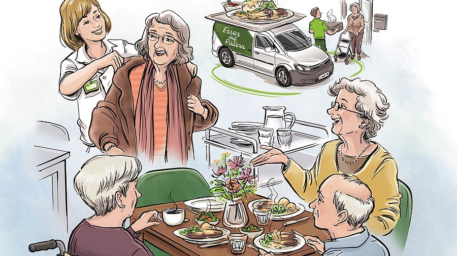 Eine Gruppe von Seniorinnen und Senioren am Tisch beim Essen. Eine Pflegerin hilft beim Abnehmen des Mantels. Ein Auto mit der Aufschrift "Essen auf Rädern" steht dabei.