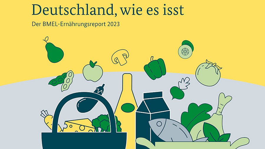 Grafik mit Überschrift "Deutschland, wie es isst - Der BMEL-Ernährungsreport 2023", darunter stilisierter Korb mit Lebensmitteln