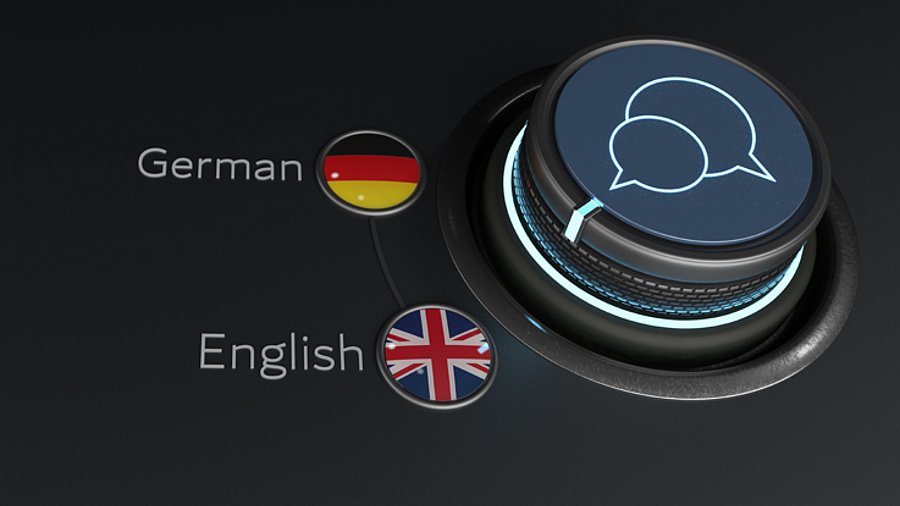 Dreh-Knopf, daneben Buttons mit "German" und "English"