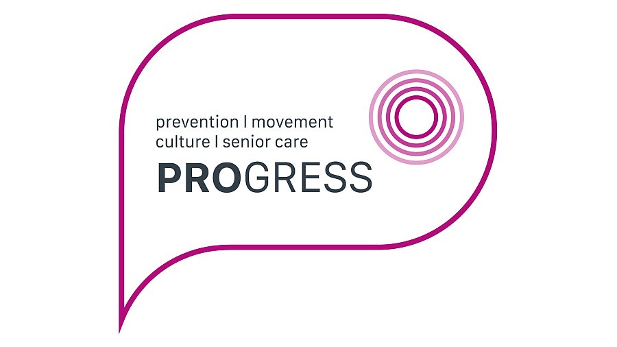 Projektname "progress" und prevention, movement, culture, senior care und lila Kreisen in lila Umrandung