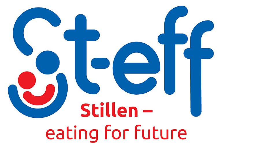 Schriftzug St-eff steht für Stillen - eating for future. Das Logo ist blau rot. In dem blauen Bogen des "S" liegt ein rotes Baby in Form eines Strichmännchens.