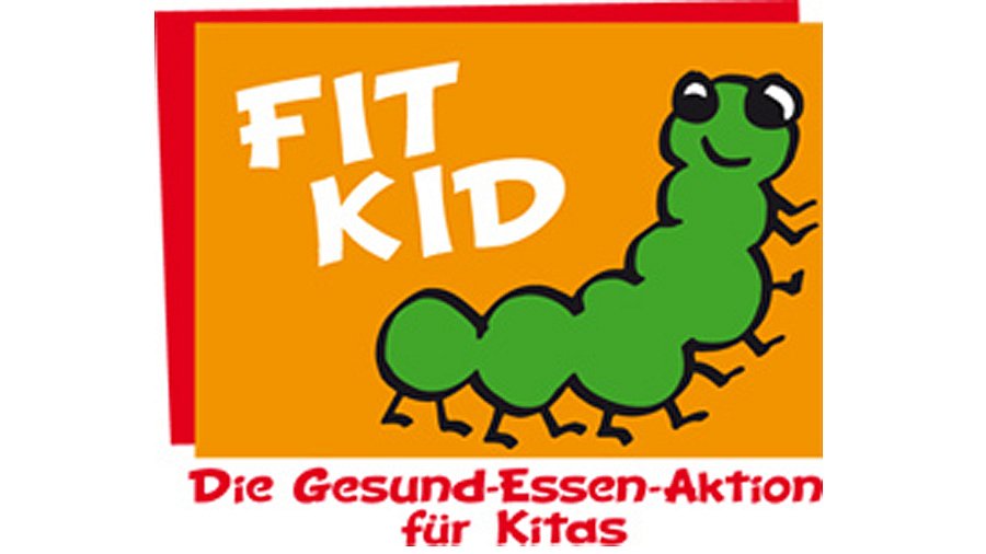  Schriftzug FIT KID mit Comic Raupe in grün. Hintergrund orange, rot umrandet