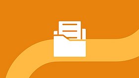 Logo - orange Fläche mit einem Ordner, aus dem ein Blatt herausragt in weiß