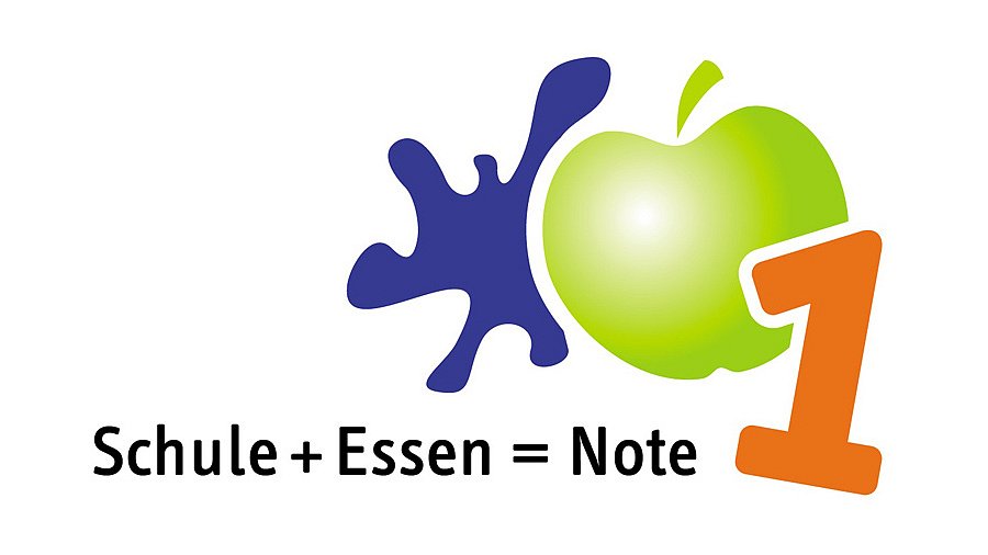 Schriftzug Schule + Essen= Note 1 mit blauen Klecks, grünen Apfel und Schriftzug 1 in orange als Illustration