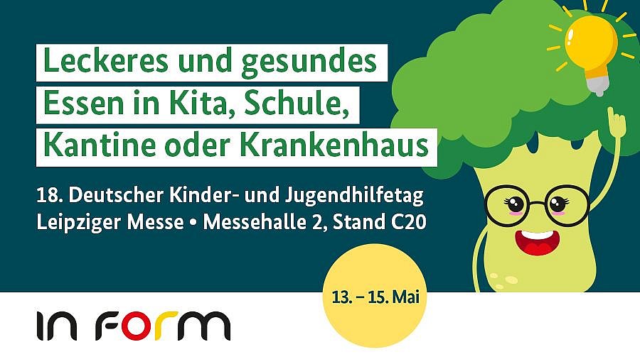 Text "Leckeres und gesundes Essen in Kita, Schule, Kantine oder Krankenhaus - 18. Deutscher Kinder- und Jugendhilfetag Leipziger Messe, Messehalle 2, Stand C20" und Maskottchen Berry Broccoli