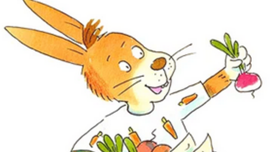 Illustrierter Hase Kasimir mit einem Korb voller Gemüse
