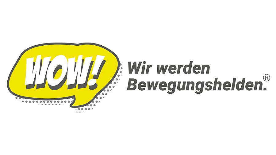 Schriftzug des Projekts WOW! in gelb mit dem Zusatz "Wir sind Bewegungshelden."