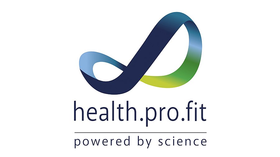 Schriftzug health pro fit in blau mit Unterstrich und Unendlichkeitszeichen in blau