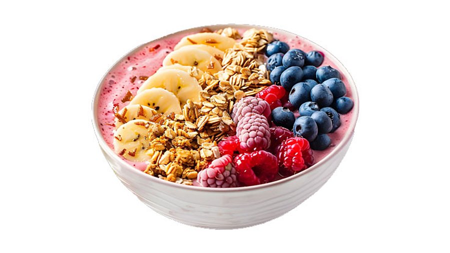 1 Schale Frühstücksbowl auf weißem Hintergrund.
