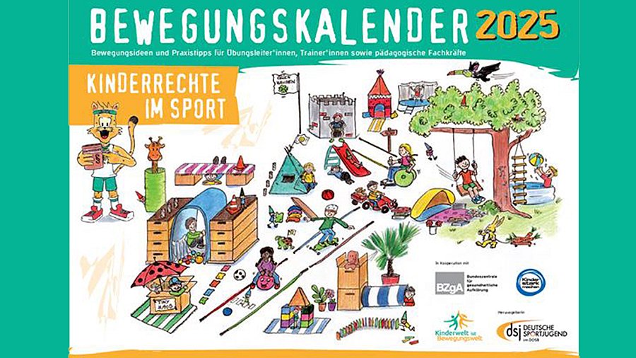 Cover Titel Bewegungkalender 2025, Unterzeile Bewegungsideen und Praxistipps für Übungsleiter*innen, Trainer*innen sowie pädagogische Fachkräfte. Datunter Wimmelbild mit Kindern bei verschiedenen Spielen (Schaukeln, bewegungsparcour etc.)