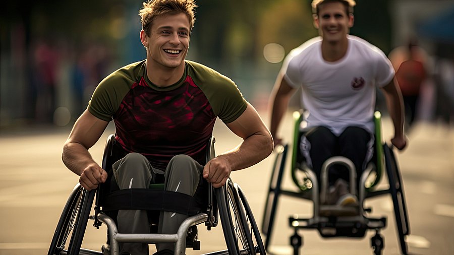 Zwei männliche Rollstuhlfahrer bei einem Wettbewerb