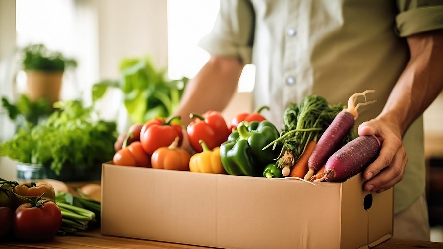 Hände halten einen Karton mit Möhren, Tomaten und anderen Gemüsesorten