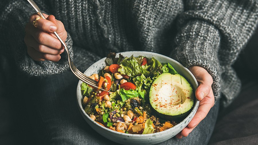 Hände halten eine Schale mit vegetarischem Essen