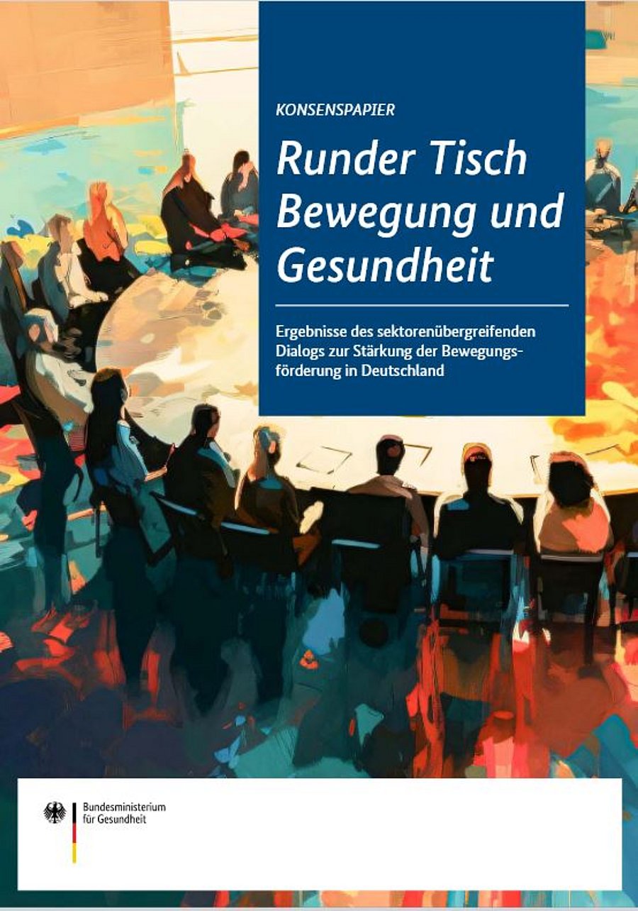 Cover der Boschüre - stilisierter Tisch mit Personen, dazu der Titel Konsenspapier Runder Tisch Bewegung und Gesundheit 
