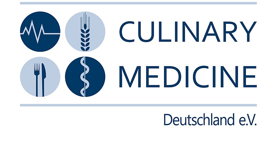 Schriftzug Culinary Medicine mit vier Symbolen im Kreis (Besteck, Getreide, Herzschlag, DNA-Strang).